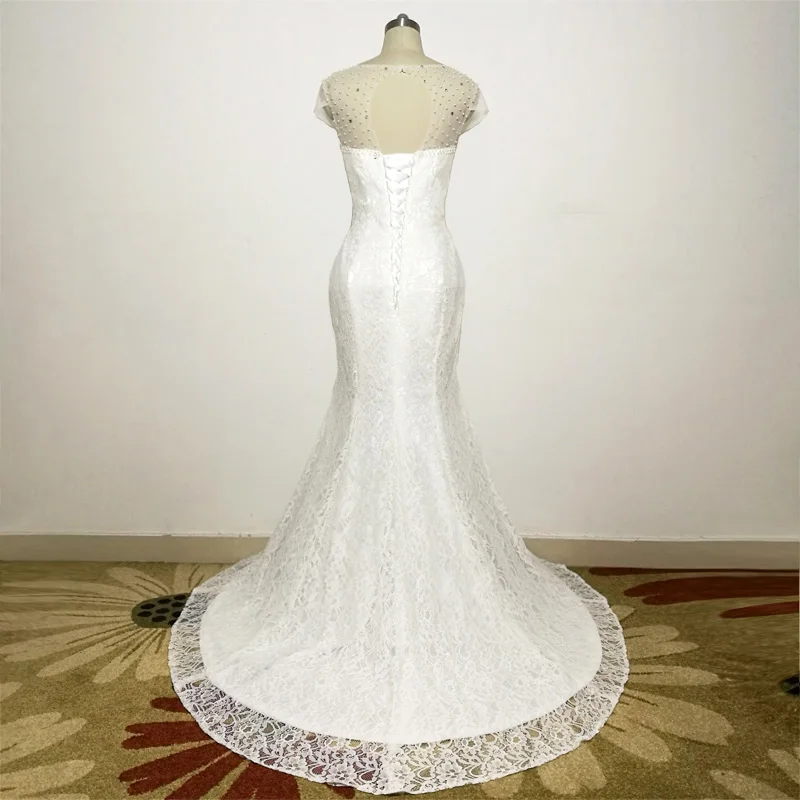 E JUE SHUNG White Lace Pearls Mermaid Wedding Dresses 2018 Cap Sleeves Cheap Wedding Gowns robe de mariee vestidos de novia