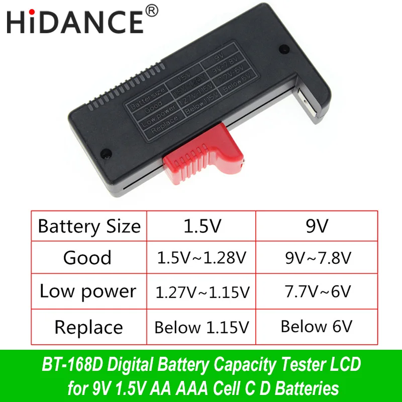 HiDANCE-probador de capacidad de batería Digital portátil, dispositivo LCD para voltaje de 9V, 1,5 V, pilas AA, AAA, C, D, BT-168D