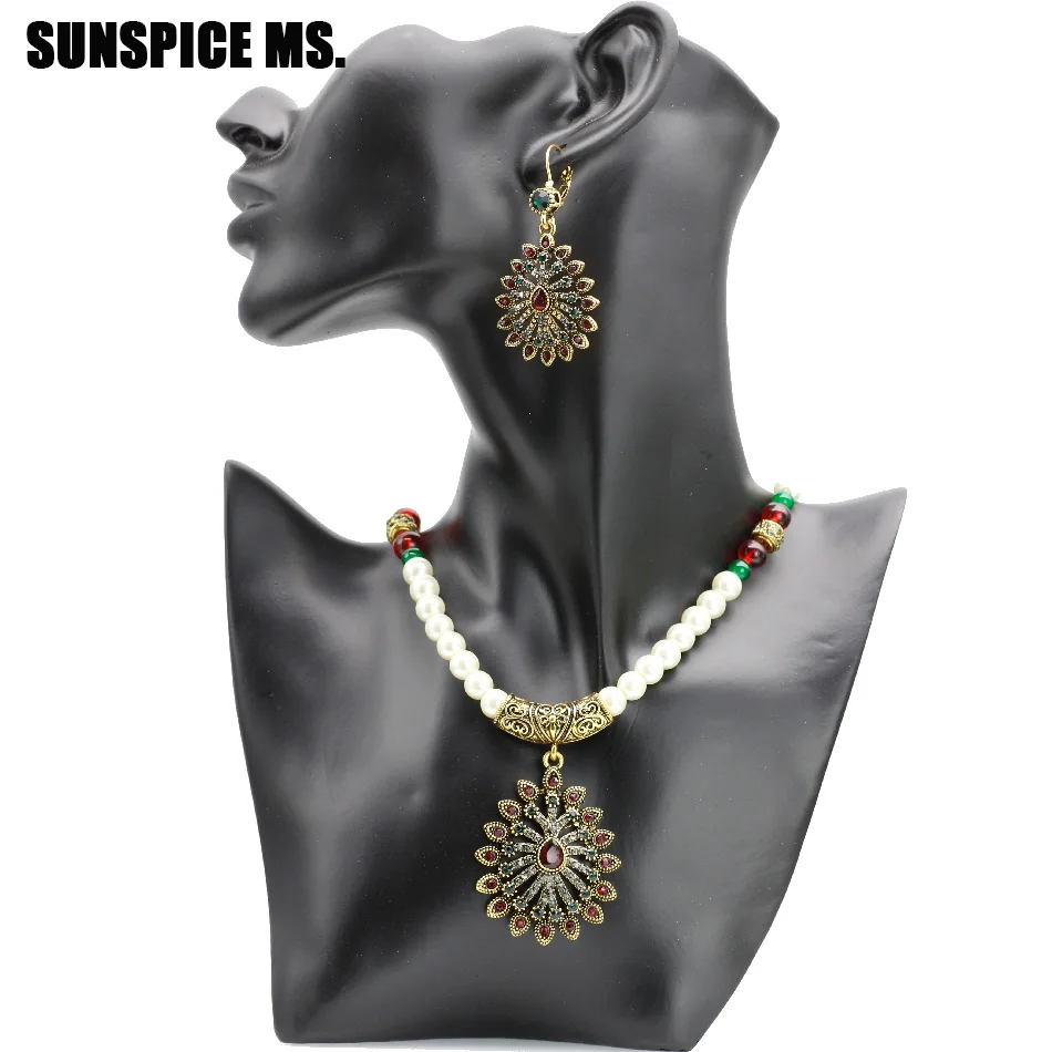 Sunspicems 2021 Algerian Beaded Wedding Jewelry Set for Women African Flower Earrings Necklace Ring Antique Gold Color bijoux