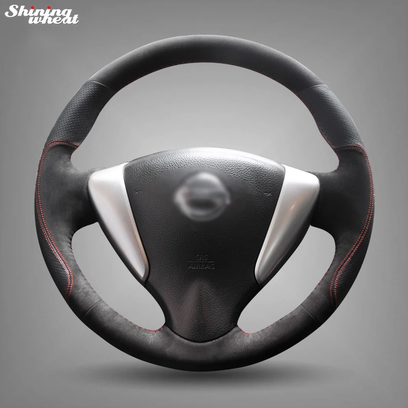 

Shining wheat Hand-stitched Black Leather Black Suede Steering Wheel Cover for Nissan Tiida Sylphy Sentra 2014 Note