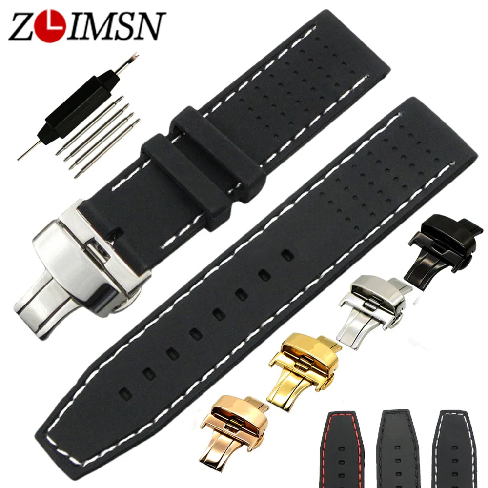 ZLIMSN 22mm Silicone Watchband Butterfly Clasp Double Push Button Buckle Black White Red Stitched Waterproof Rubber Bands