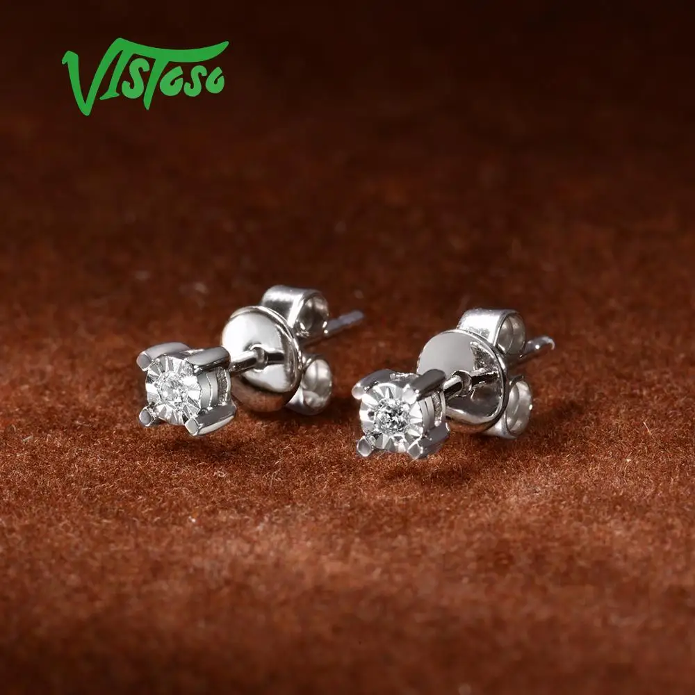 VISTOSO Pure 14K 585 White Gold Sparkling Illusion-Set Miracle Plate Diamond Earrings For Women Fashion Trendy Fine Jewelry