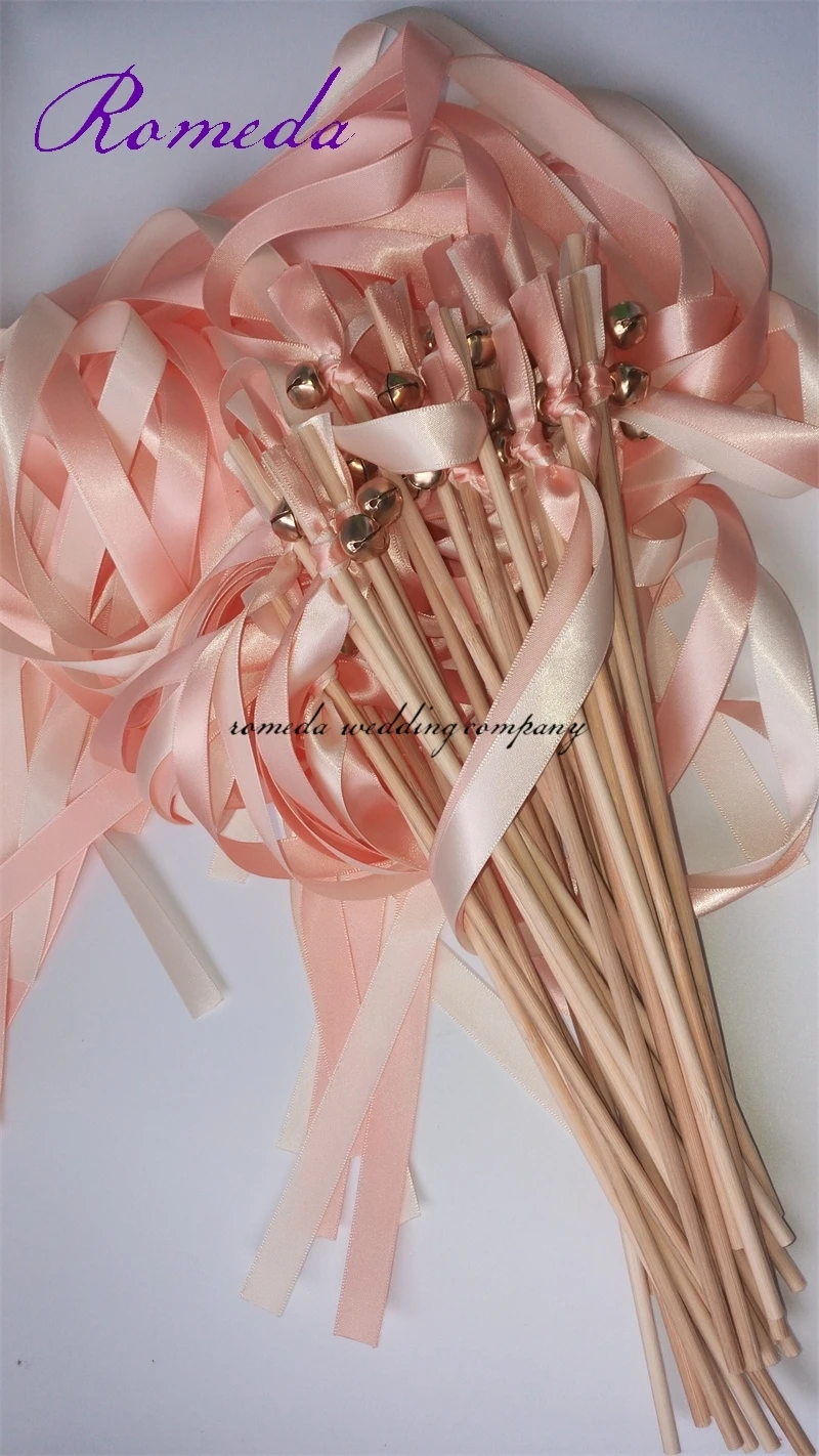 (50Pieces/Lot) Cream Ribbon Stick Wands Wedding Favor Ribbon Sticks With Gold Bell