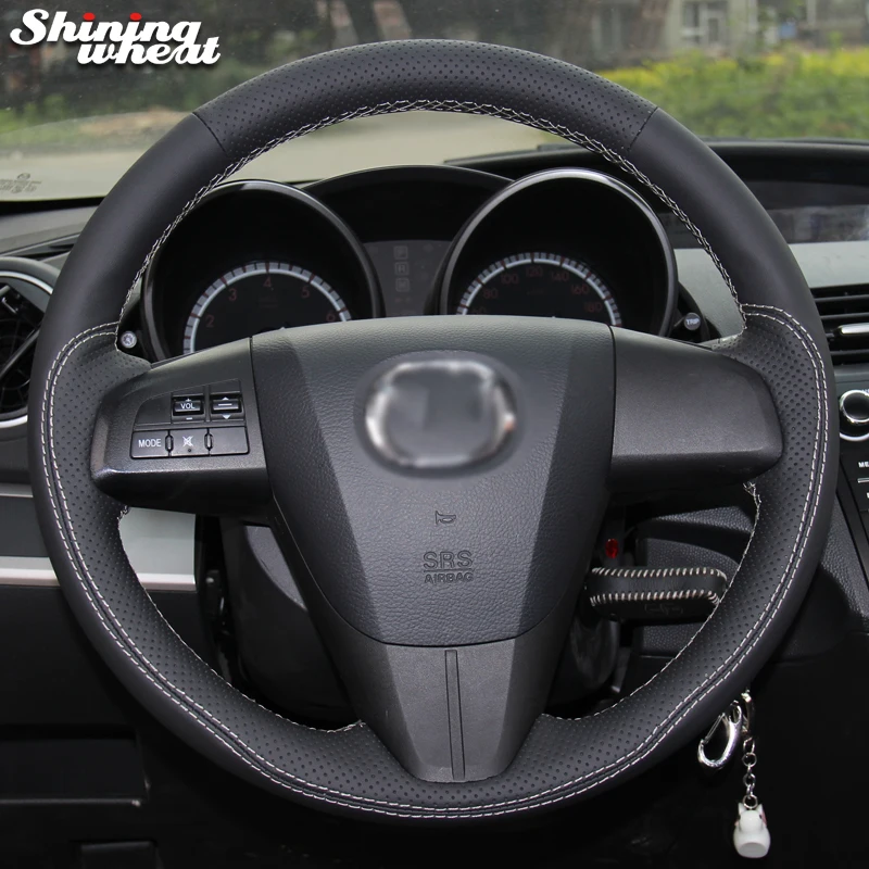 Shining wheat Black Genuine Leather White Thread Car Steering Wheel Cover for Mazda 3 Axela 2008-2013 Mazda CX-7 CX7 Mazda 5