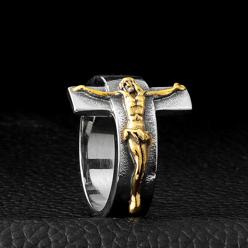 INRI Crucifix JESUS Cross Ring Gold Color Titanium Stainless Steel Christian Men Prayer Rings Vintage Punk Jewelry Size 7-13