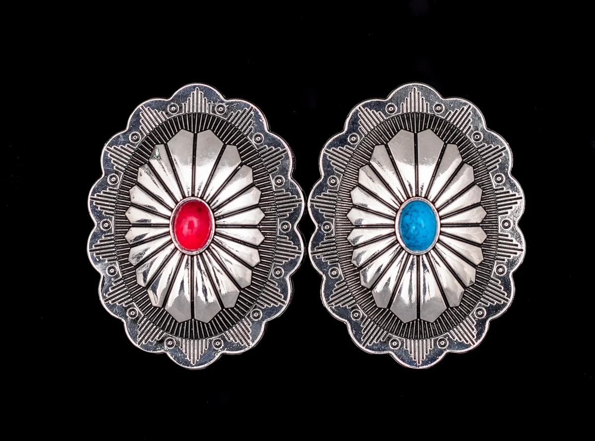 10pc Silver American Southeast Tribal Flower Style Turquoise Oval Concho For Belt Leathercraft Wallet Decor Screwback