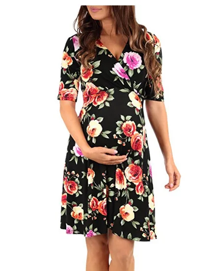 Women Large size printing Pregnant maternity Loose clothes dress Cotton Blended Short Sleeve Floral Print Maternity Dress