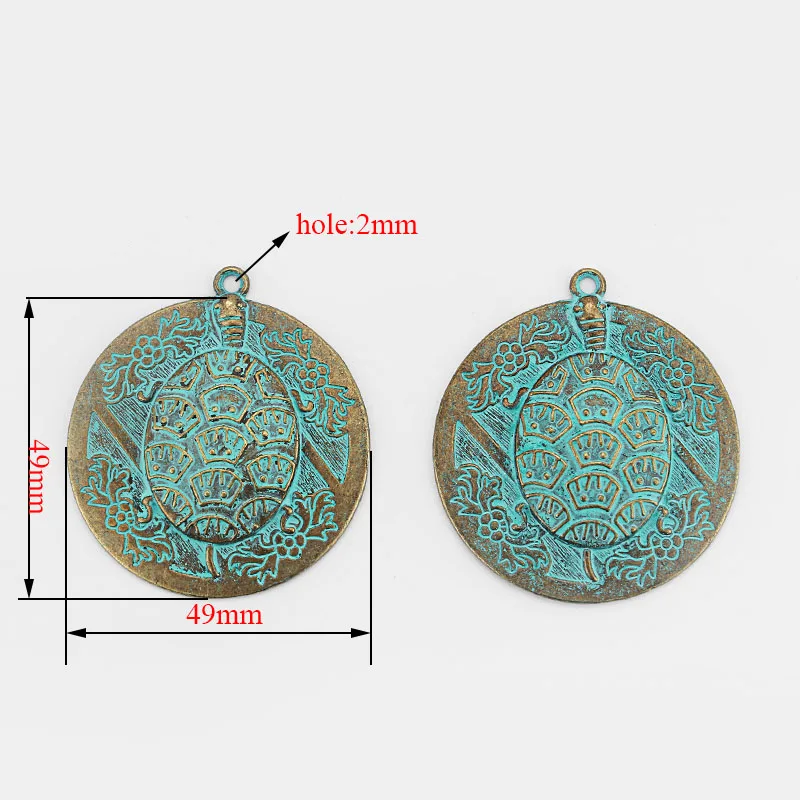 3Pcs Verdigris Patina Large Round Carved Tortoise Turtle Charms Pendant Medallion For DIY Necklace Jewelry Making Supplies