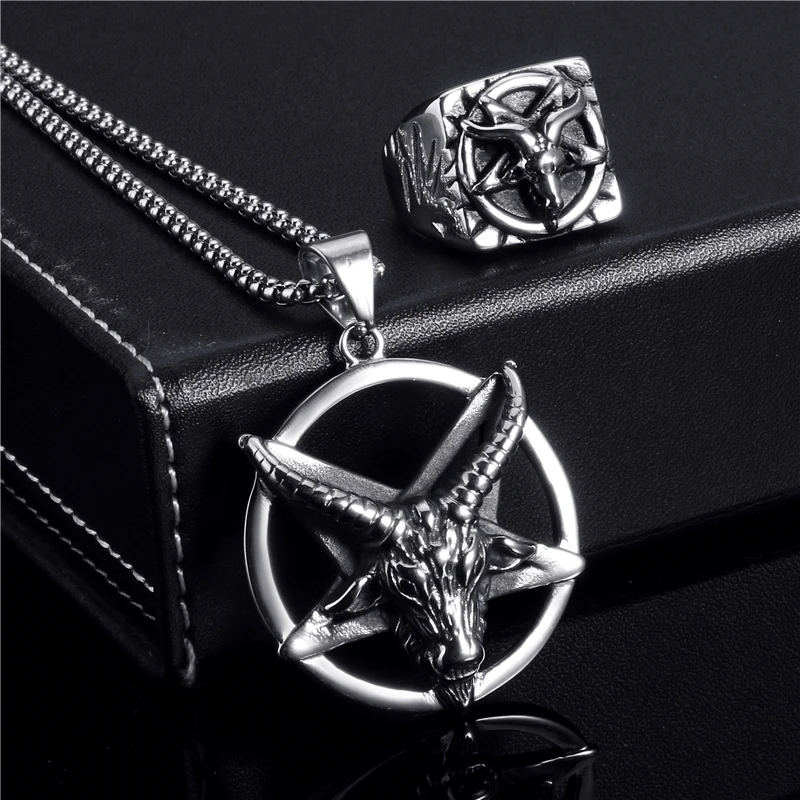 

Elfasio Jewelry Set Ring Penadnt Necklace Set Pentagram Baphomet Goat Devil Shar Symbol Stainless Steel Chain Vintage