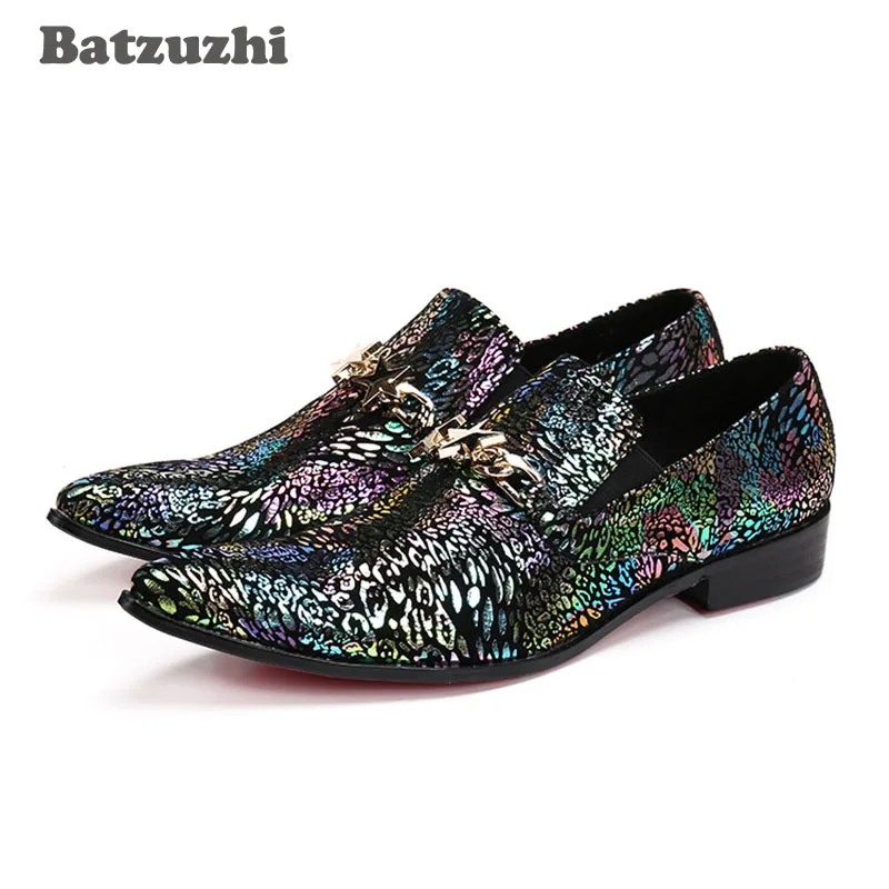 Batzuzhi 100% Brand New Men's Leather Shoes Black Colorful Pointed Toe Business Dress Shoes Wedding party Leather shoes