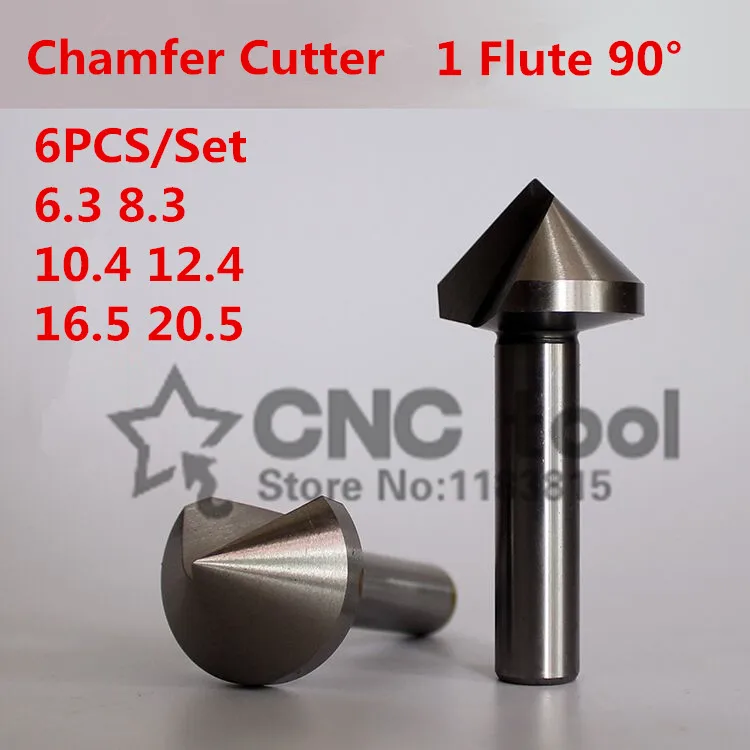 Free shipping 6pcs 1 flute 90 degree HSS Chamfer Cutter Chamfering Drilling Mill Drill Set Milling Cutting Tool Set