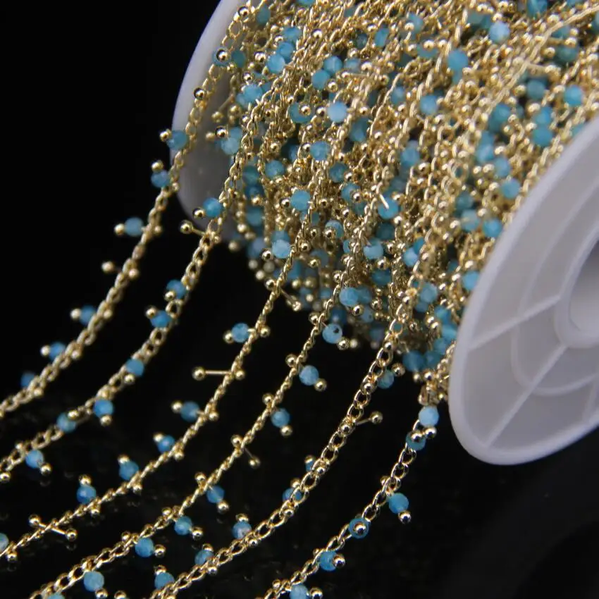 

5Meter 2mm Faceted Round Beads Blue Apatite Rosary Chain,With Gold Color Wire Wrapped Chain DIY Necklace Bracelet Sweater Chains