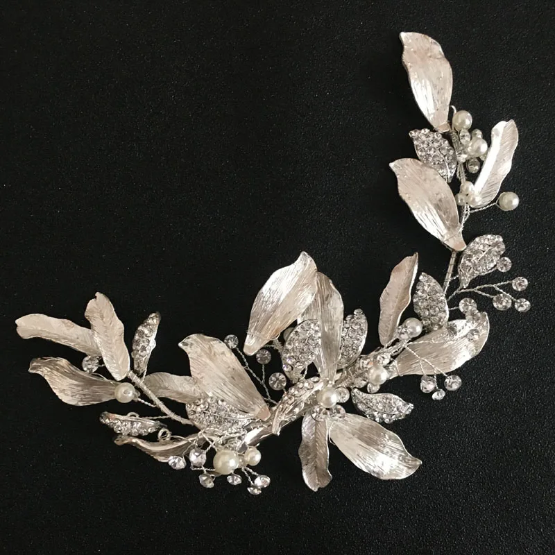 SLBRIDAL Handmade Silver Color Crystals Rhinestones Flower Leaf Wedding Hair Clip Barrettes Bridal Headpiece Hair accessories