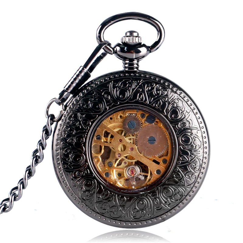 

High Quality Black Steampunk Carved Locomotive Mechanical Pocket Watch Hand Winding Pendant Gift for Pocket Watch With Necklace