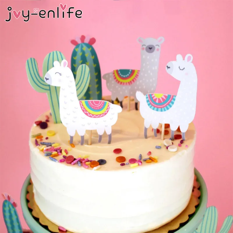 5pcs Alpaca Llamas Unicorn Cactus Cake Topper Cupcake Toppers Wedding Birthday Cake Decoration Jungle Llama Party Supplies