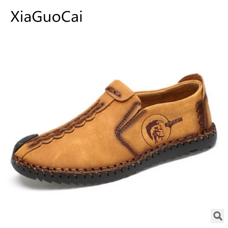 

XiaGuoCai New 2017 Spring Men Casual Shoes Breathable Genuine Leather Men Flats Hand Stitching Leisure Anti-skid Shoes L50 35