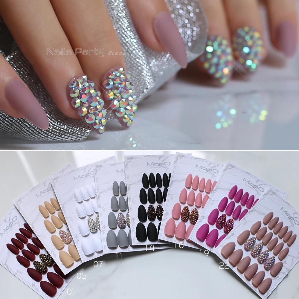 

White Matte Pink Press On Nail Bling crystal Nail Art Burgundy Pointed Black false stiletto nail Gray Nude with Stickers 24pcs