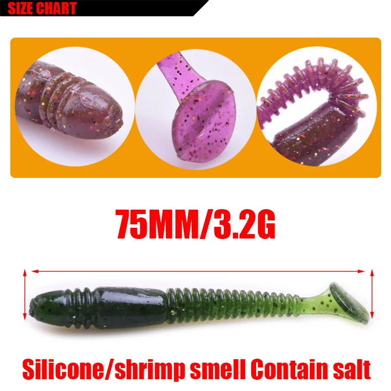 10pcs/lot worm soft Bait 75mm 3.2g fishing lure Wobbler Swimbait Artificial Silicone Salt With fishy odor Carp Bass Lures PR-341