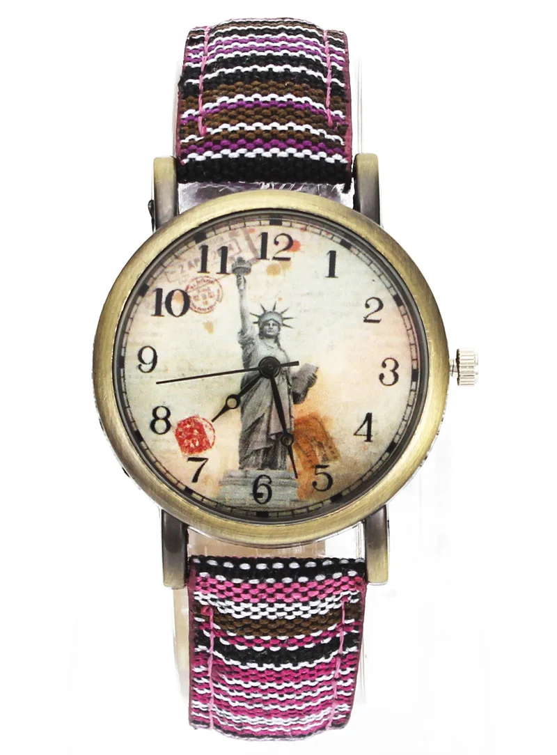 Statue of Liberty Denim Fabric Band Multicolor Canvas Strap Cloth Belt Fashion Unisex Quartz Wrist Watch