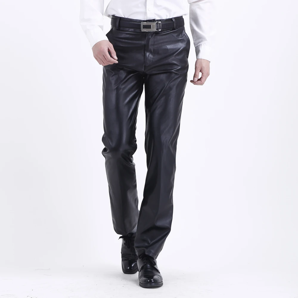 Thoshine Brand Men Leather Pants Working Elastic Lightweight Smart Casual PU Leather Trousers Thin Motor Pants Plus Size