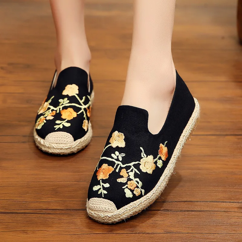 summer thick  shoes womens flat heel round head plum womens shoes female Cotton Hemp Womens shoes shredded flower craft shoes