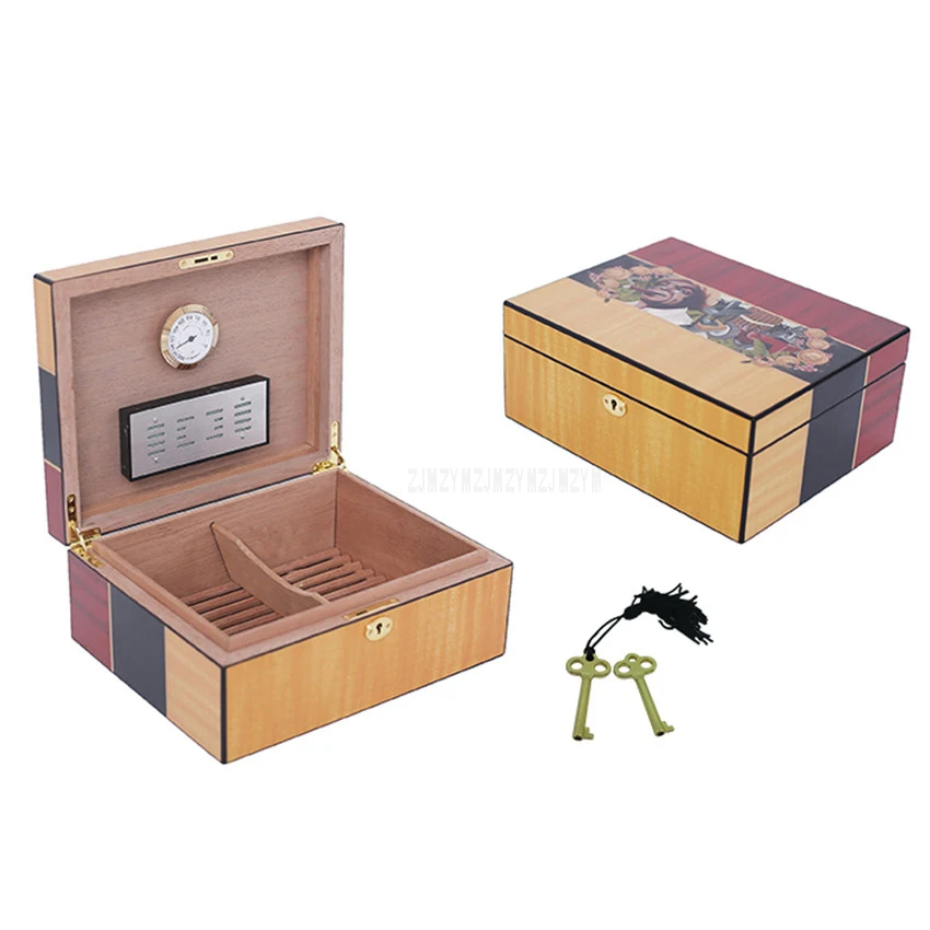 1PC Vintage Beautiful Pattern Wood (1-50pcs) Cigar Storage Box Case Cigar Humidor Wooden Tray Hygrometer Humidifier Brown Color