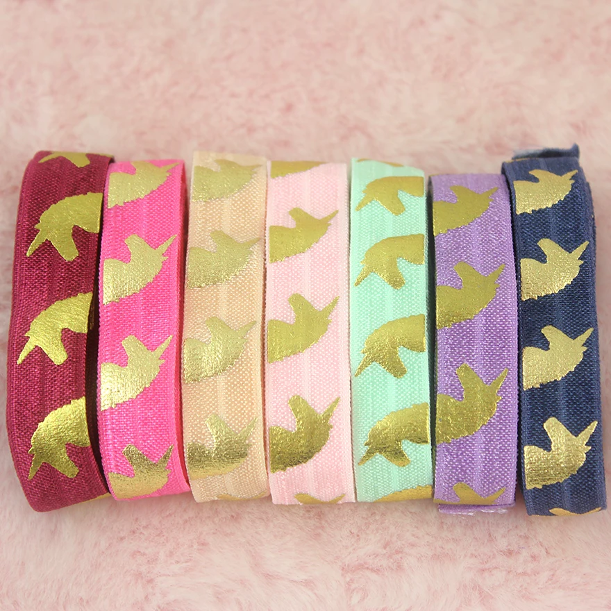 

20 yards 16mm foil printing unicorn elastic ribbon fold over stretch webbing DIY hair bow band sewing supplies tape