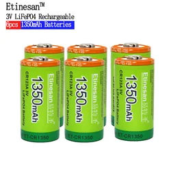 Etinesan 3V 1350mAh CR123A CR 123A LiFePo4 Li-ion Rechargeable Battery with 10A Discharge Current for Flashlight Toys