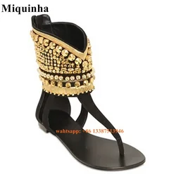 Women Summer Hotsale Clip Toe Ankle Wrap Gold Spike Flat Sandals Zipper-up Rivet Gladiator Sandals Fashion Beach Shoes