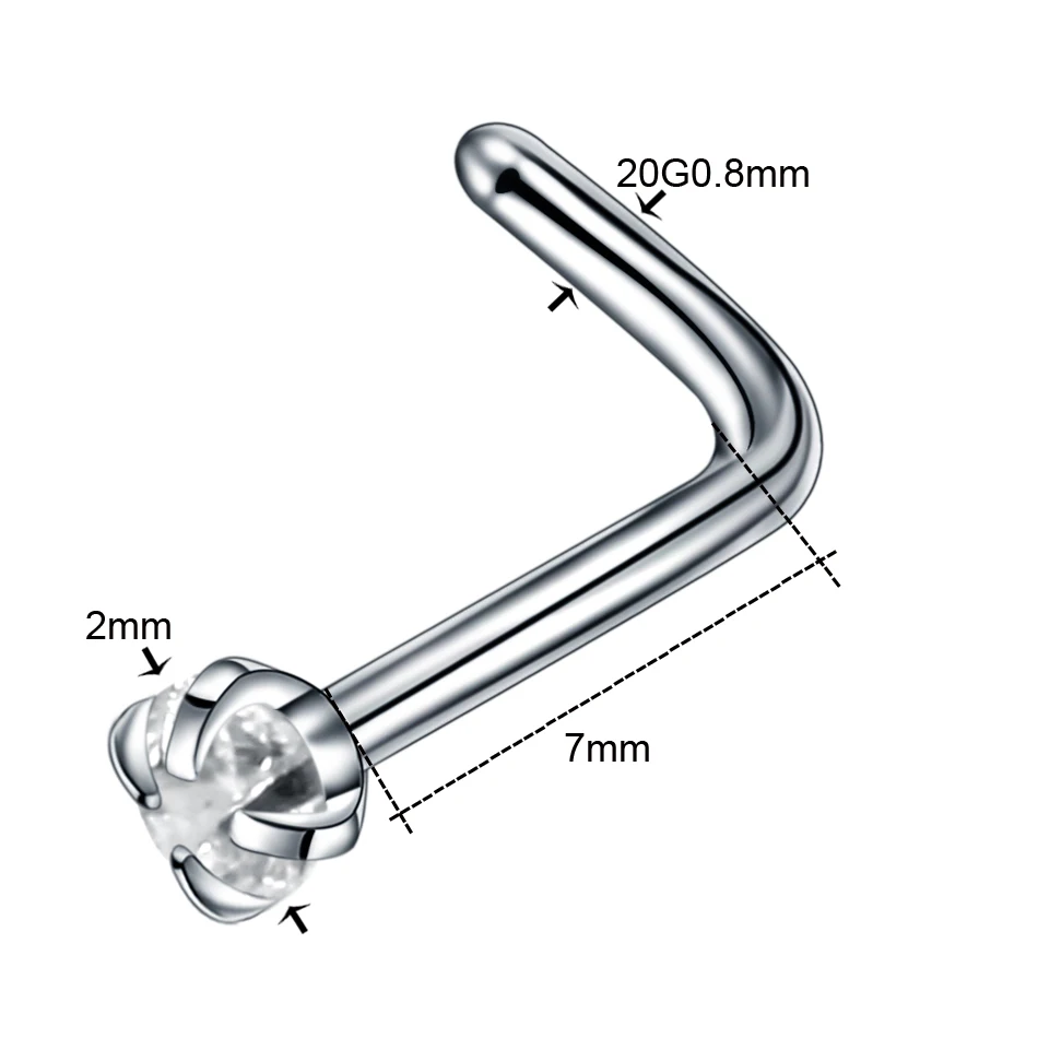 1PC Staal Crystal Gem L Vorm Neus Stud Piercings Neus Bot Schroef Nazir Piercing Neusgat Oorbel Piercings Sieraden 20G