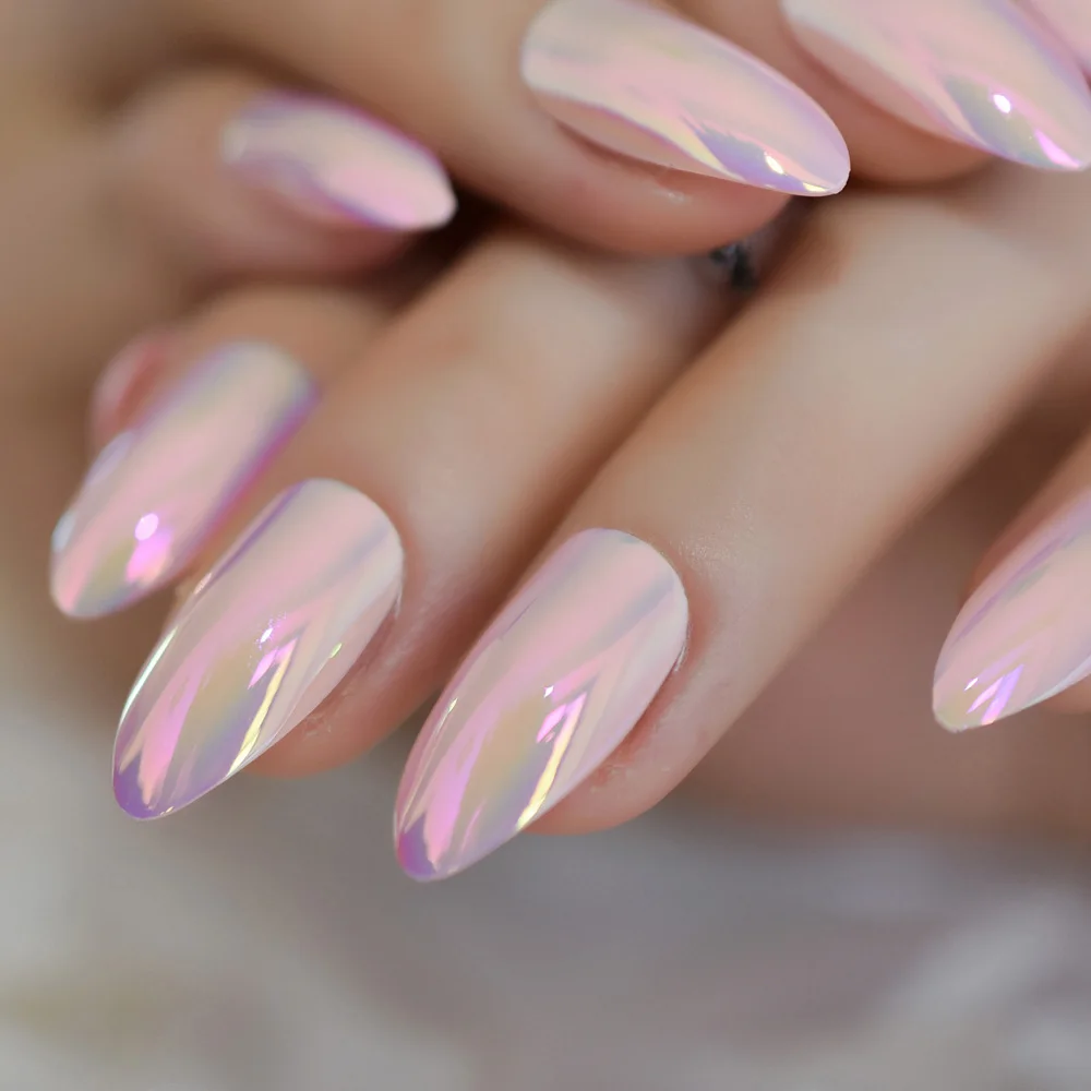 Light Pink Almond Holographic Nail Art Medium Mirror Popular Adhesive Tape New Nail Tips Shiny Mirror 24 pieces