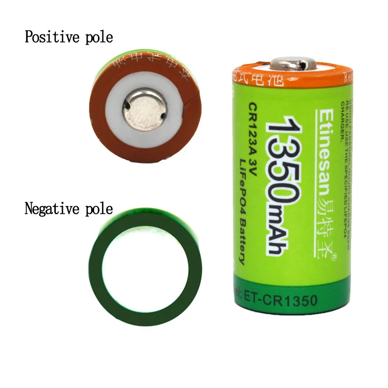 Etinesan 3V 1350mAh CR123A CR 123A LiFePo4 Li-ion Rechargeable Battery with 10A Discharge Current for Flashlight Toys