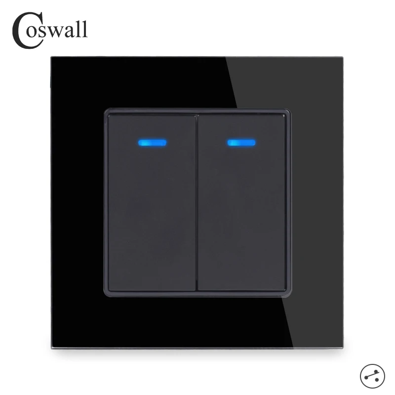 Coswall Crystal Glass Panel 2 Gang 2 Way Pass Through On / Off Light Switch Stair Wall Switch Switched With LED Indicator 16A