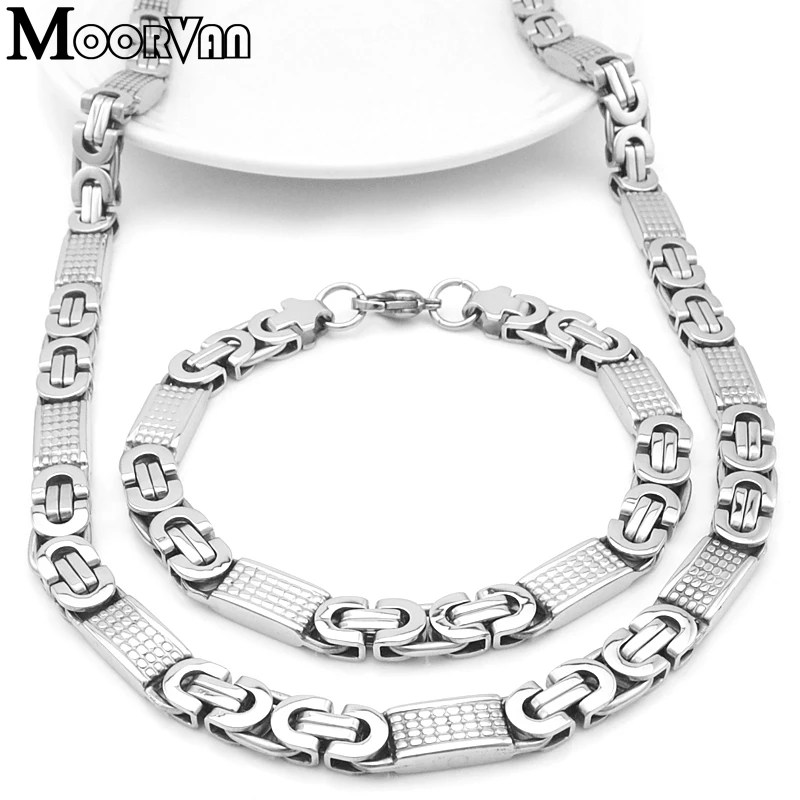 Moorvan JEWELRY SET FOR MEN GIFT 2022 COOL Silver Color CHAIN LINK NECKLACE SET BRACELET MAN FASHION STYLE,Square Shaped VJS002