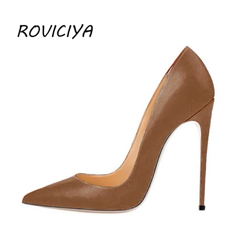 Woman High Heels Women Shoes Pumps 12 cm Stilettos Shoes For Women PU Leather Wedding Shoes brown nude black YG001 ROVICIYA