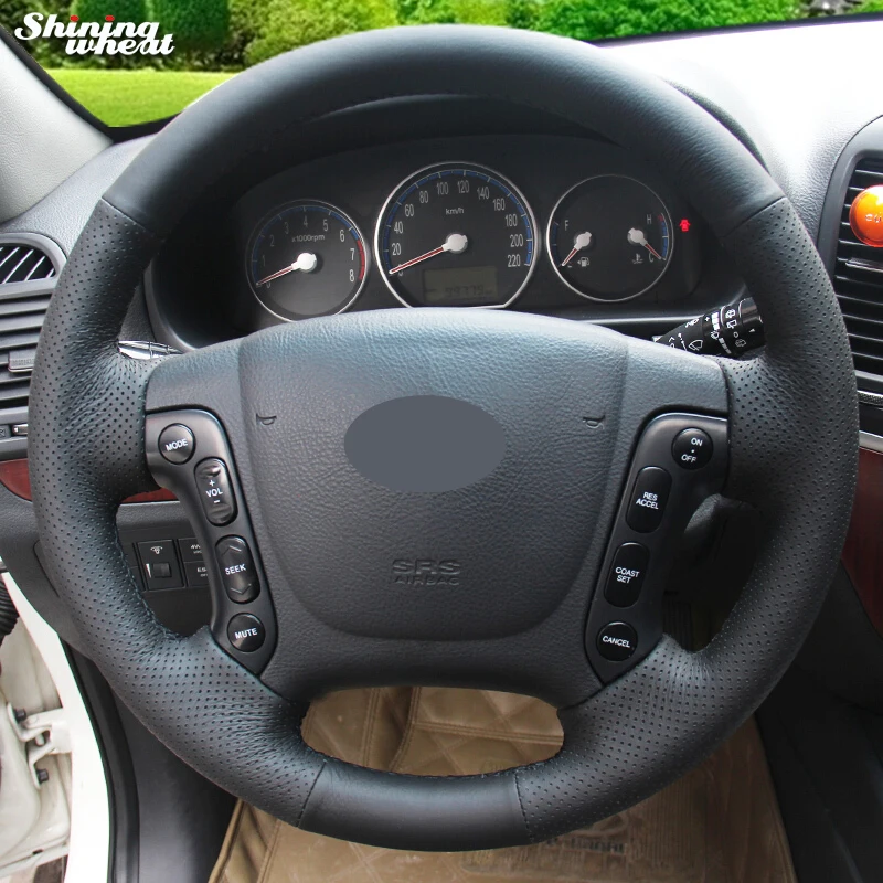 

Shining wheat Black Genuine Leather Steering Wheel Cover for Hyundai Santa Fe 2006-2012