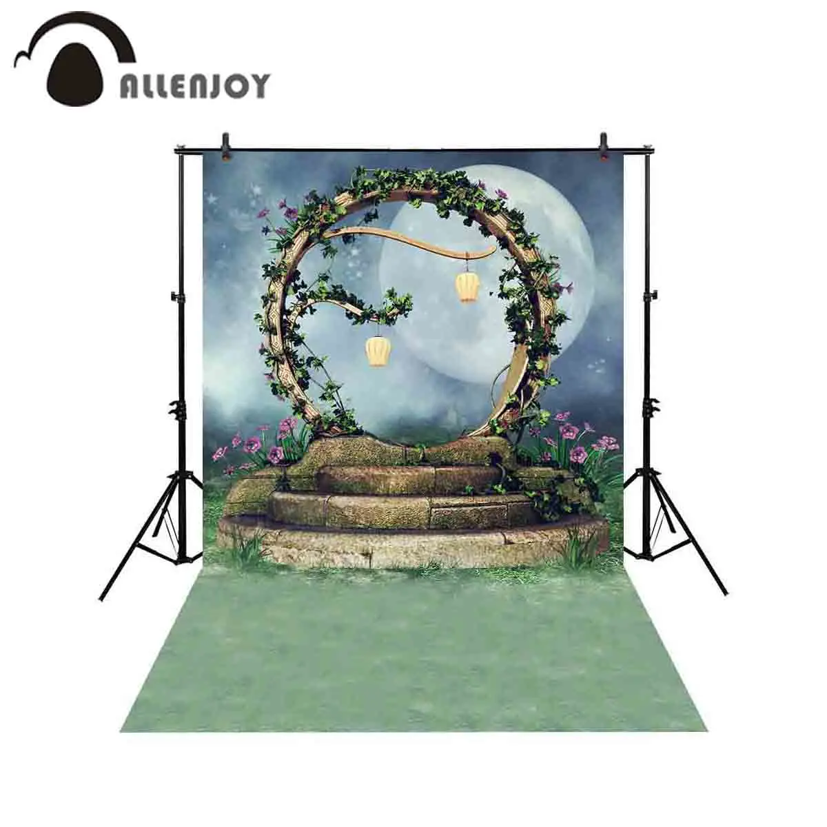 Allenjoy-خلفية تصوير احترافية ، مشهد ليلي ، قمر ، لبلاب ، بوابة ، فوانيس ، زهور ملونة ، كشك تصوير