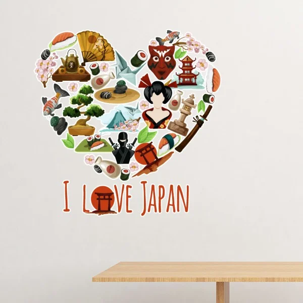 I Love Japan Sushi Sakura Illustration Removable Wall Sticker Art Decals Mural DIY Wallpaper for Room Decal