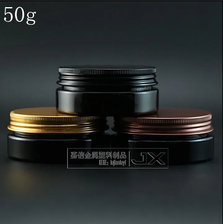 

Free Shipping 50g/ml Black Plastic Lucency Flat Bottle Jar Aluminum Screw lid Butter Pomade Bath Salt Packing Bottles