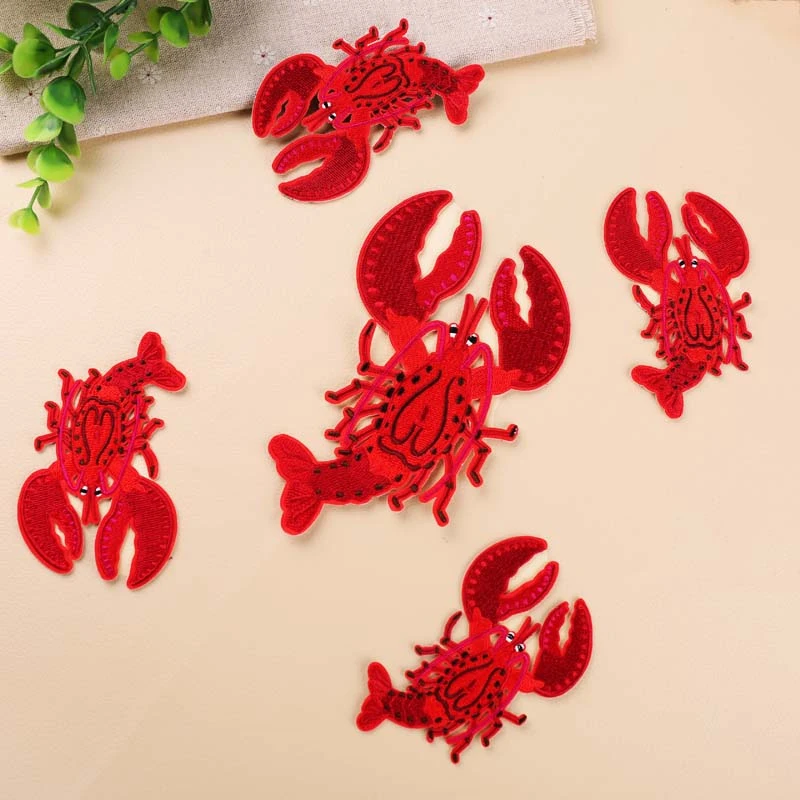 1PC embroidered Cartoon Red Color Big Size Lobster Patch DIY Fabric Stickers Fashion Cute Kids Clothes Hole Badges