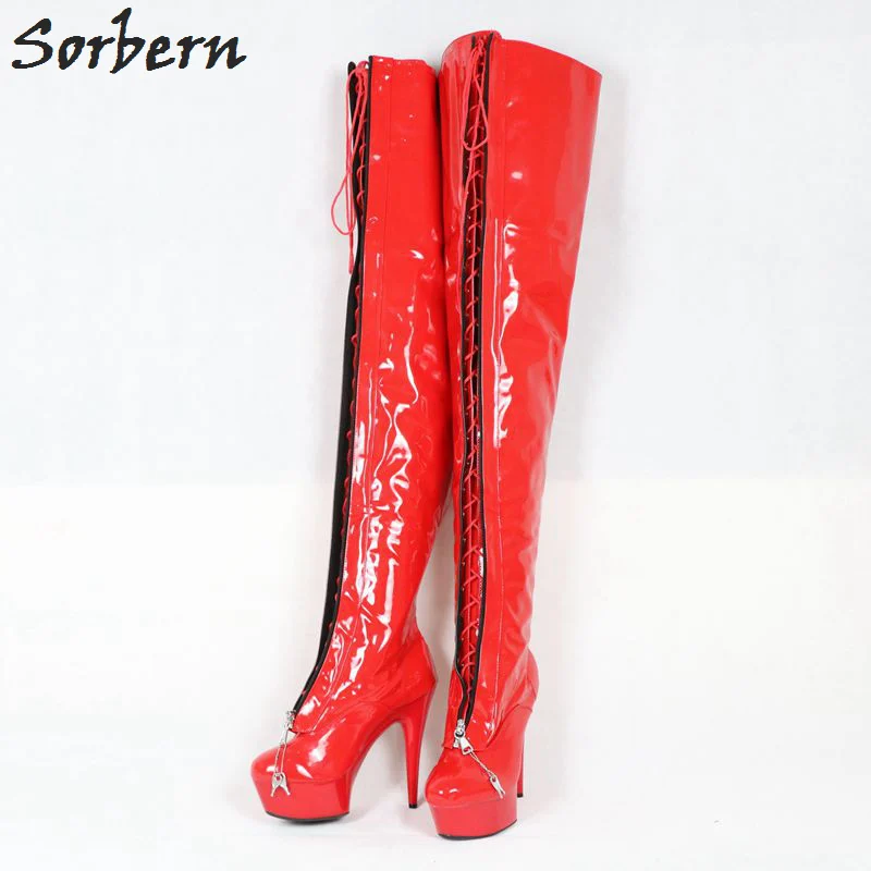 Sorbern Solid Red Crotch Thigh High Boots China Size 35-46 Round Toe Cross-Tied Zipper Patent Leather Boots Platform5Cm Shoes