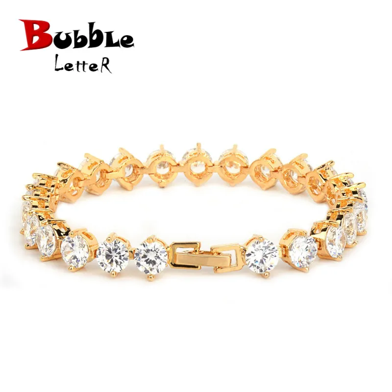 Pulsera de cadena de tenis de circón helado con letra burbuja para hombre, joyería de Hip hop, Material de cobre, cierre de caja de Color dorado, pulsera de eslabones CZ, 18cm