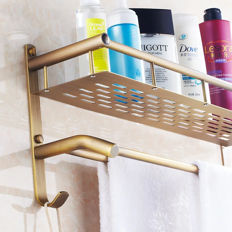 

VidricShelves 2 Tier Antique Brass Bath Shelf Towel Bars Hanger Soap Dish Shampoo Storage Basket Wall Shower Rack Hook HJ-821