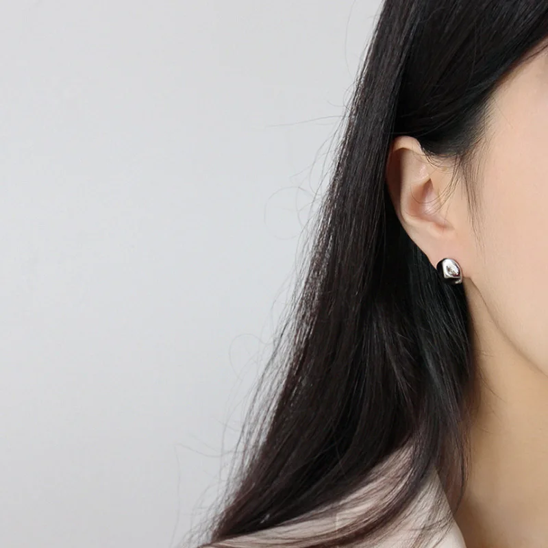F.I.N.S Personalized 925 Sterling Silver Aymmetrical Earrings Small Circle Round Stud Earrings Geometry Concave Korean Earrings