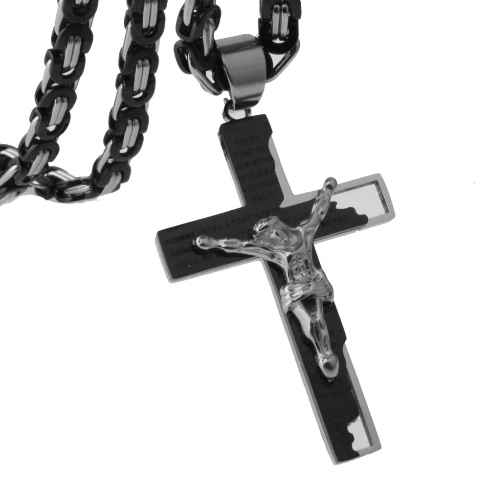 New Arrival Jesus Cross Crystal Pendant Necklace Link Byzantine Silver Black Color Stainless Steel Men Jewelry Collier 18-30\