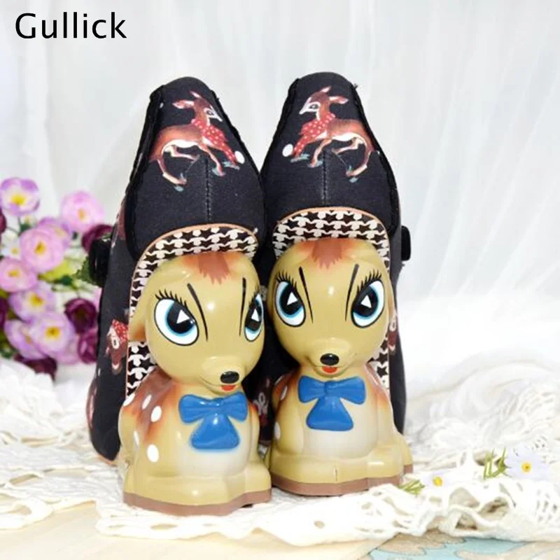 Gullick 2018 Newest Fashion Mary Janes Women Cute Print Deer Heel Pumps Woman Cherry Decoration Classics Party Dress Shoes