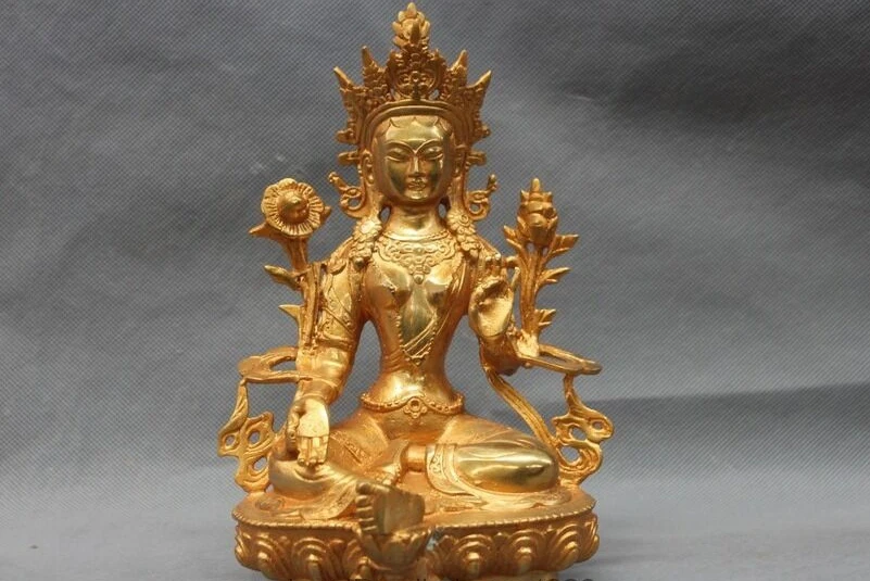 

8"Tibet Buddhism Bronze Copper gild Green Tara Kwan-yin Bodhisattva Statue