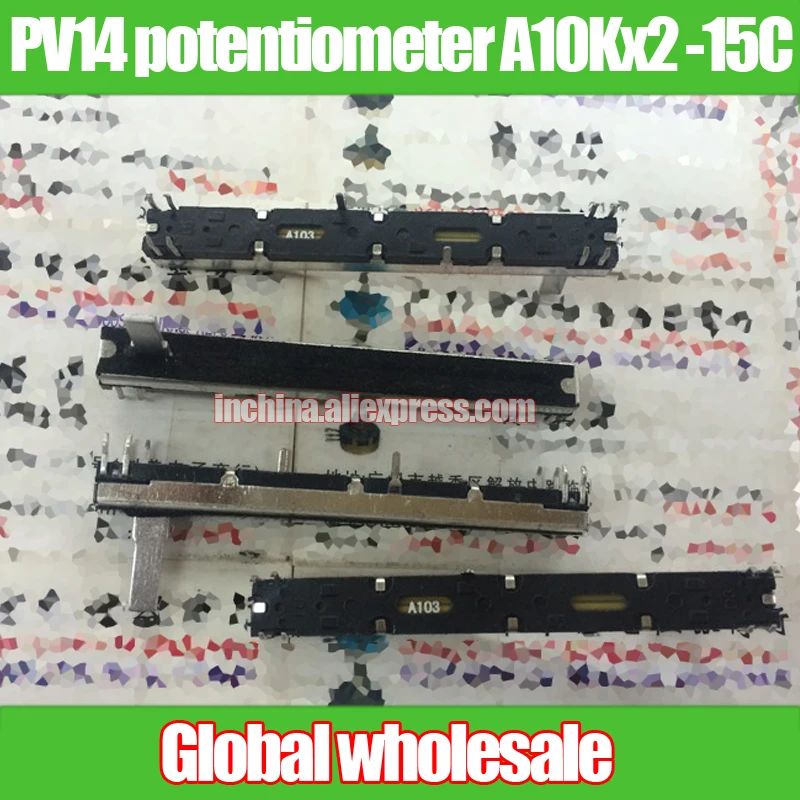 2pcs 75mm mixer PV14 straight sliding potentiometer A10Kx2 -15C / A103 double fader black bottom stroke 60mm