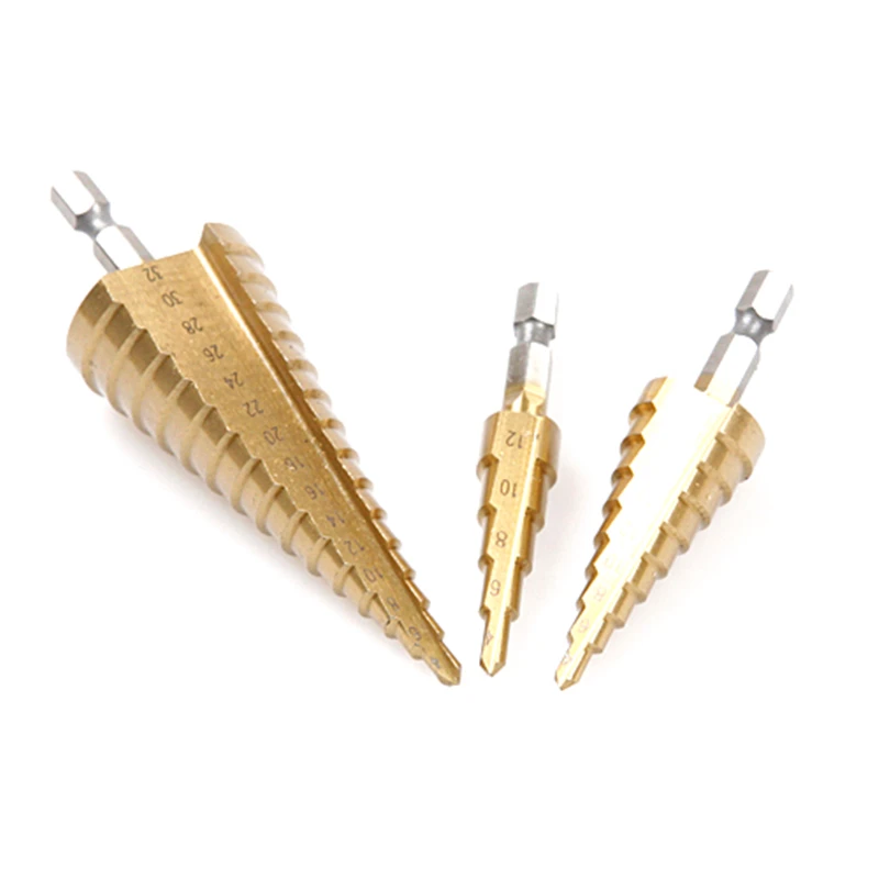 3 stücke 4241 HSS Schritt Bohrer Bits1/4 Hex Schaft 4mm Zu 12mm20mm32mm Holz Metalwoking Bohrer Werkzeug set Loch Cutter