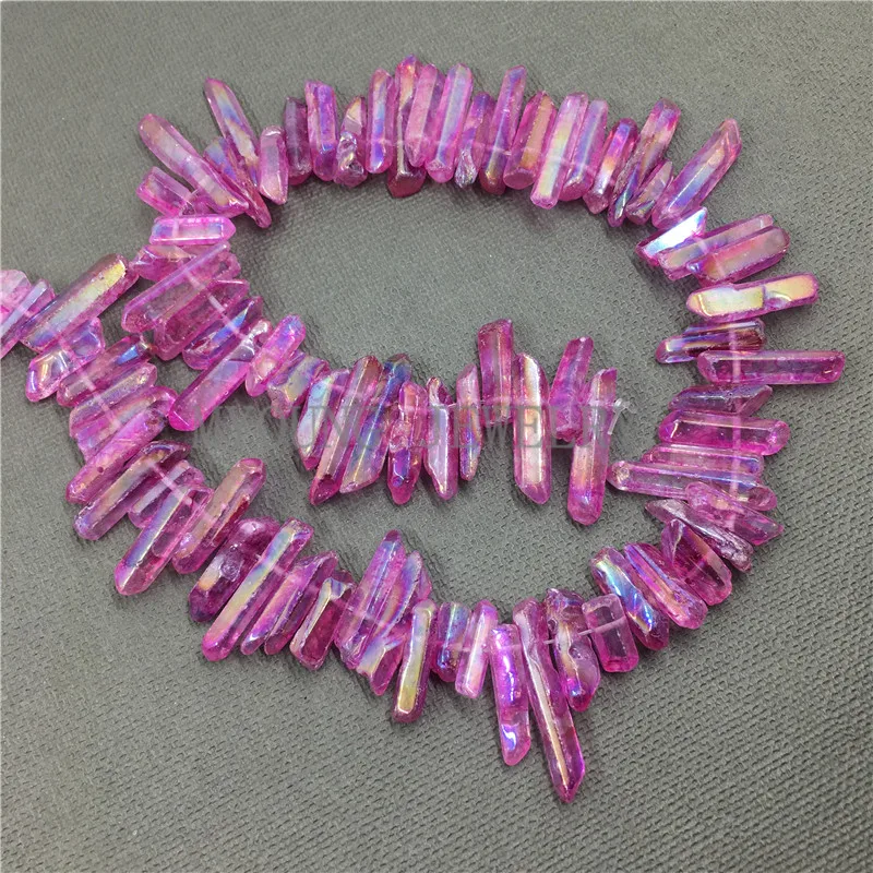 

MY0768 Smooth Fuchsia Crystal Quartz Metal Titanium Stick Beads,Polished Quartz Healing Spike Point,Raw Quartz Top Drilled Beads